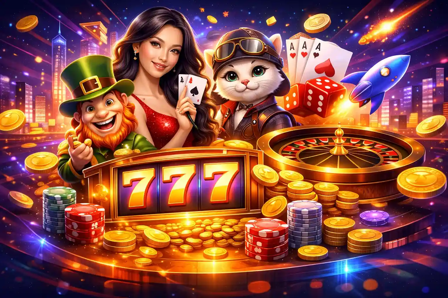 Vibrant casino homepage banner with lucky leprechaun, beautiful woman, aviator cat, cards and roulette exploding with gold coins for Singapore players