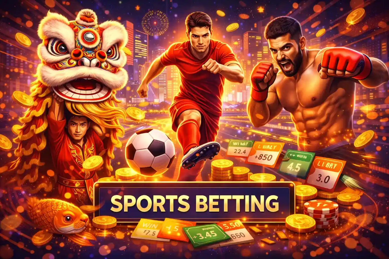 Energetic lion dance, soccer player and boxer with betting odds, fireworks and gold coins in Singapore sports betting